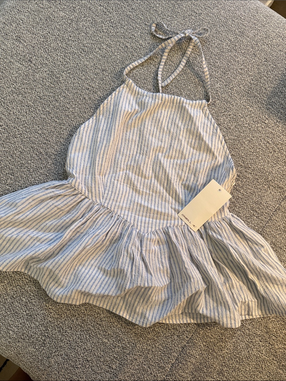 O'Neill White and Light Blue Striped Halter Tank Top